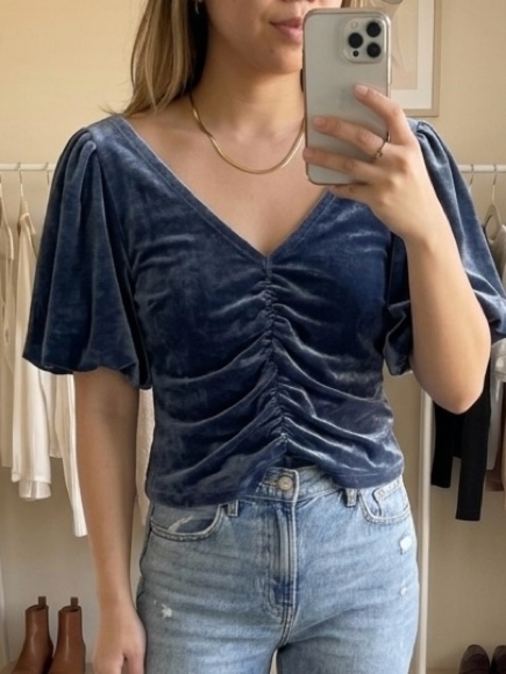 Free People velvet puff sleeve ruched v-neck top | size XS